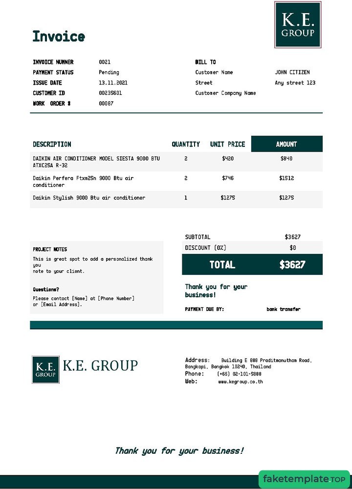 Feature of fake USA KE Group invoice example